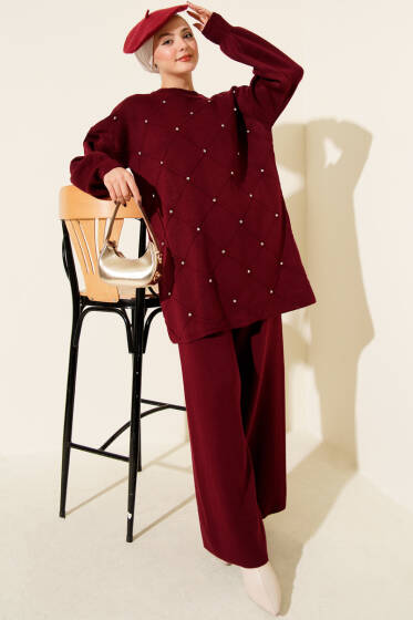 Baklava Kabartma Taşlı Triko İkili Takım Bordo - İkili Takım