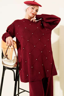 Baklava Kabartma Taşlı Triko İkili Takım Bordo - İkili Takım