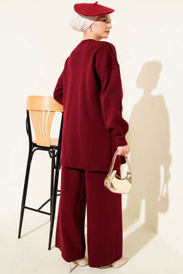 Baklava Kabartma Taşlı Triko İkili Takım Bordo - İkili Takım