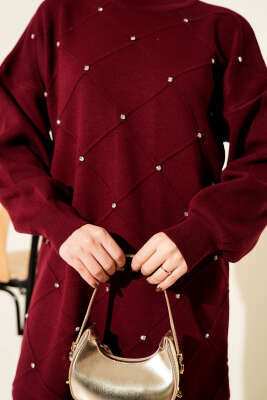 Baklava Kabartma Taşlı Triko İkili Takım Bordo - İkili Takım