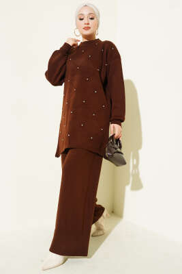 Baklava Kabartma Taşlı Triko İkili Takım Kahve - İkili Takım