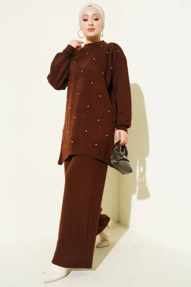 Baklava Kabartma Taşlı Triko İkili Takım Kahve - İkili Takım