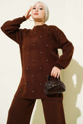 Baklava Kabartma Taşlı Triko İkili Takım Kahve - İkili Takım