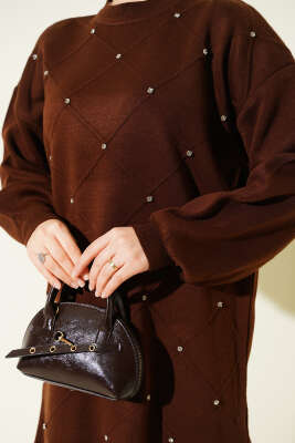 Baklava Kabartma Taşlı Triko İkili Takım Kahve - İkili Takım