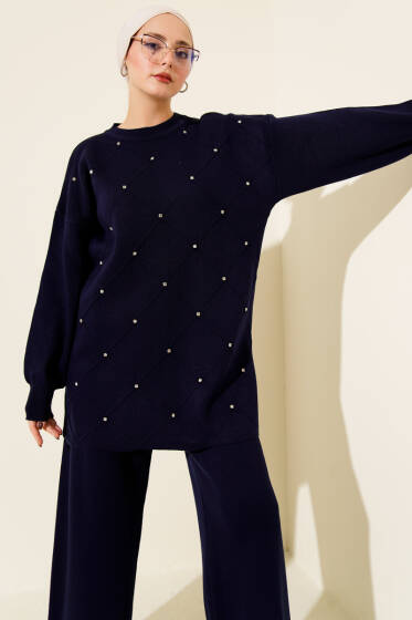 Baklava Kabartma Taşlı Triko İkili Takım Lacivert - İkili Takım