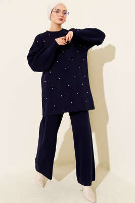Baklava Kabartma Taşlı Triko İkili Takım Lacivert - İkili Takım