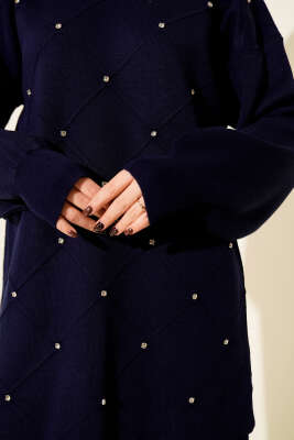 Baklava Kabartma Taşlı Triko İkili Takım Lacivert - İkili Takım