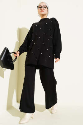 Baklava Kabartma Taşlı Triko İkili Takım Siyah 