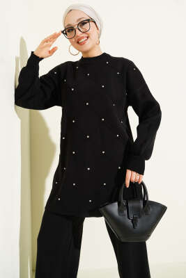 Baklava Kabartma Taşlı Triko İkili Takım Siyah - İkili Takım