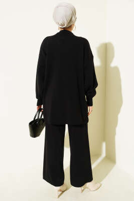 Baklava Kabartma Taşlı Triko İkili Takım Siyah - İkili Takım