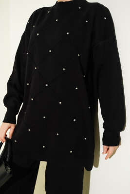 Baklava Kabartma Taşlı Triko İkili Takım Siyah - İkili Takım