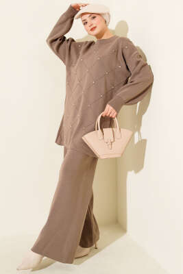 Baklava Kabartma Taşlı Triko İkili Takım Vizon - NESSİA