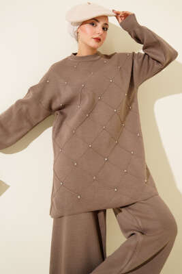 Baklava Kabartma Taşlı Triko İkili Takım Vizon - İkili Takım