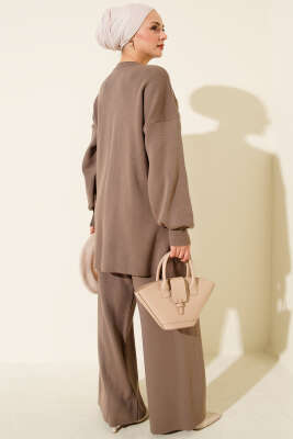 Baklava Kabartma Taşlı Triko İkili Takım Vizon - İkili Takım