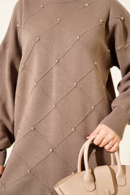 Baklava Kabartma Taşlı Triko İkili Takım Vizon - İkili Takım