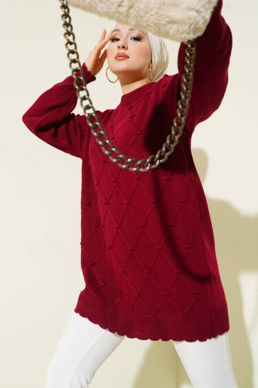 Baklava Kabartma Triko Tunik Bordo - Tunik