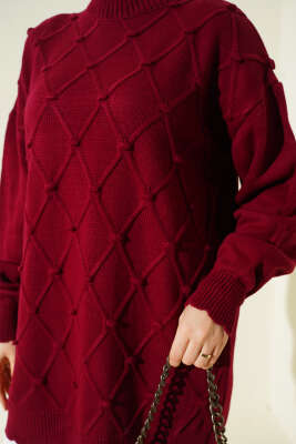 Baklava Kabartma Triko Tunik Bordo - Tunik