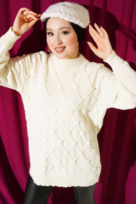 Baklava Kabartma Triko Tunik Ekru 