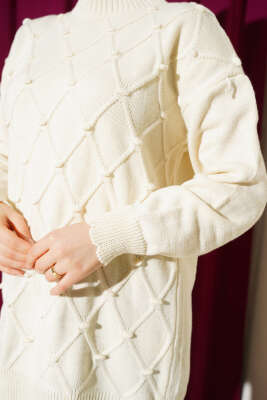 Baklava Kabartma Triko Tunik Ekru - Tunik