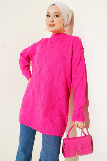 Baklava Kabartma Triko Tunik Fuşya - Tunik