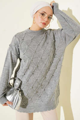 Baklava Kabartma Triko Tunik Gri - Tunik