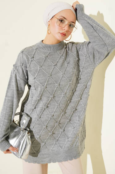 Baklava Kabartma Triko Tunik Gri - Tunik