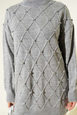 Baklava Kabartma Triko Tunik Gri - Tunik