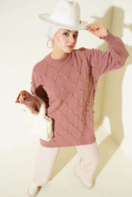 Baklava Kabartma Triko Tunik Gül Kurusu 