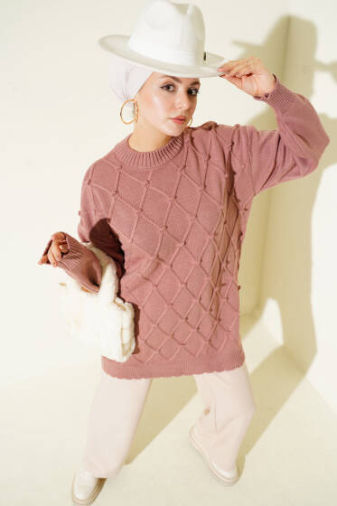 Baklava Kabartma Triko Tunik Gül Kurusu - Tunik