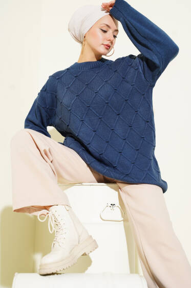 Baklava Kabartma Triko Tunik İndigo - Tunik