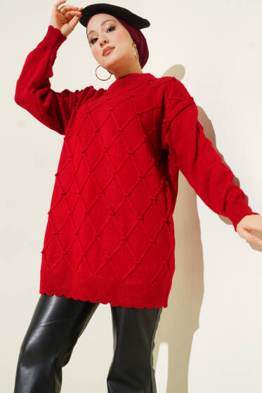 Baklava Kabartma Triko Tunik Kırmızı - Tunik
