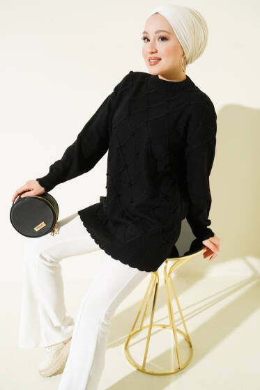 Baklava Kabartma Triko Tunik Siyah - Tunik