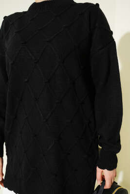 Baklava Kabartma Triko Tunik Siyah - Tunik