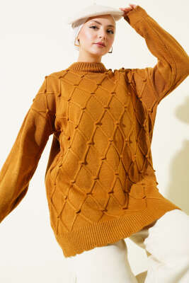 Baklava Kabartma Triko Tunik Taba 