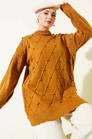 Baklava Kabartma Triko Tunik Taba - Tunik