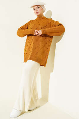 Baklava Kabartma Triko Tunik Taba - Tunik