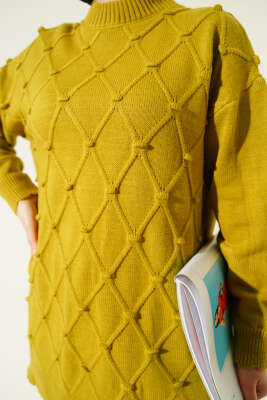 Baklava Kabartma Triko Tunik Yağ Yeşili - Tunik