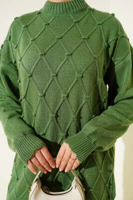 Baklava Kabartma Triko Tunik Yeşil - Tunik