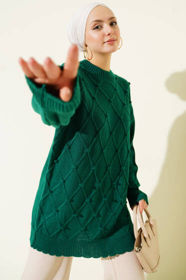 Baklava Kabartma Triko Tunik Zümrüt - Tunik