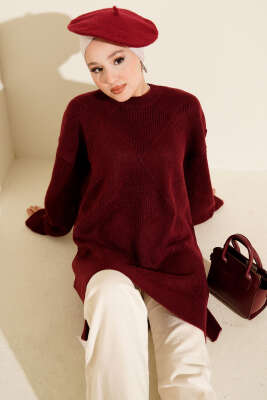 Baklava Kabartma Yumoş Triko Tunik Bordo - NESSİA