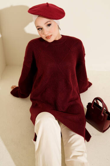 Baklava Kabartma Yumoş Triko Tunik Bordo - Tunik