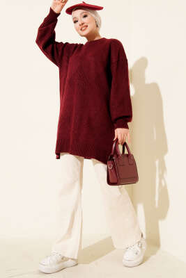 Baklava Kabartma Yumoş Triko Tunik Bordo - Tunik