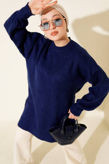 Baklava Kabartma Yumoş Triko Tunik Lacivert - Tunik