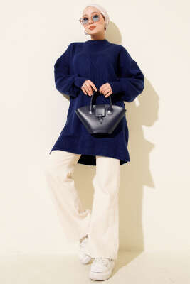 Baklava Kabartma Yumoş Triko Tunik Lacivert - Tunik