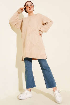 Baklava Kabartma Yumoş Triko Tunik Latte - Tunik