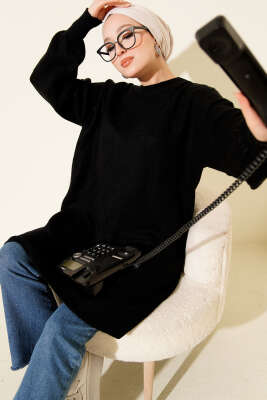 Baklava Kabartma Yumoş Triko Tunik Siyah - NESSİA