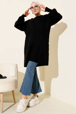 Baklava Kabartma Yumoş Triko Tunik Siyah - Tunik