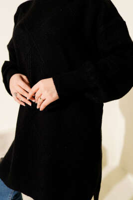 Baklava Kabartma Yumoş Triko Tunik Siyah - Tunik