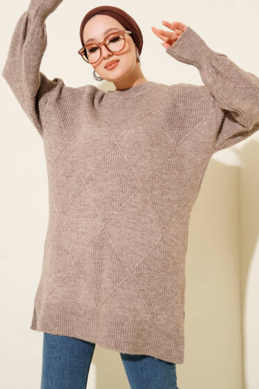 Baklava Kabartma Yumoş Triko Tunik Vizon - Tunik