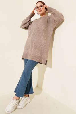 Baklava Kabartma Yumoş Triko Tunik Vizon - Tunik